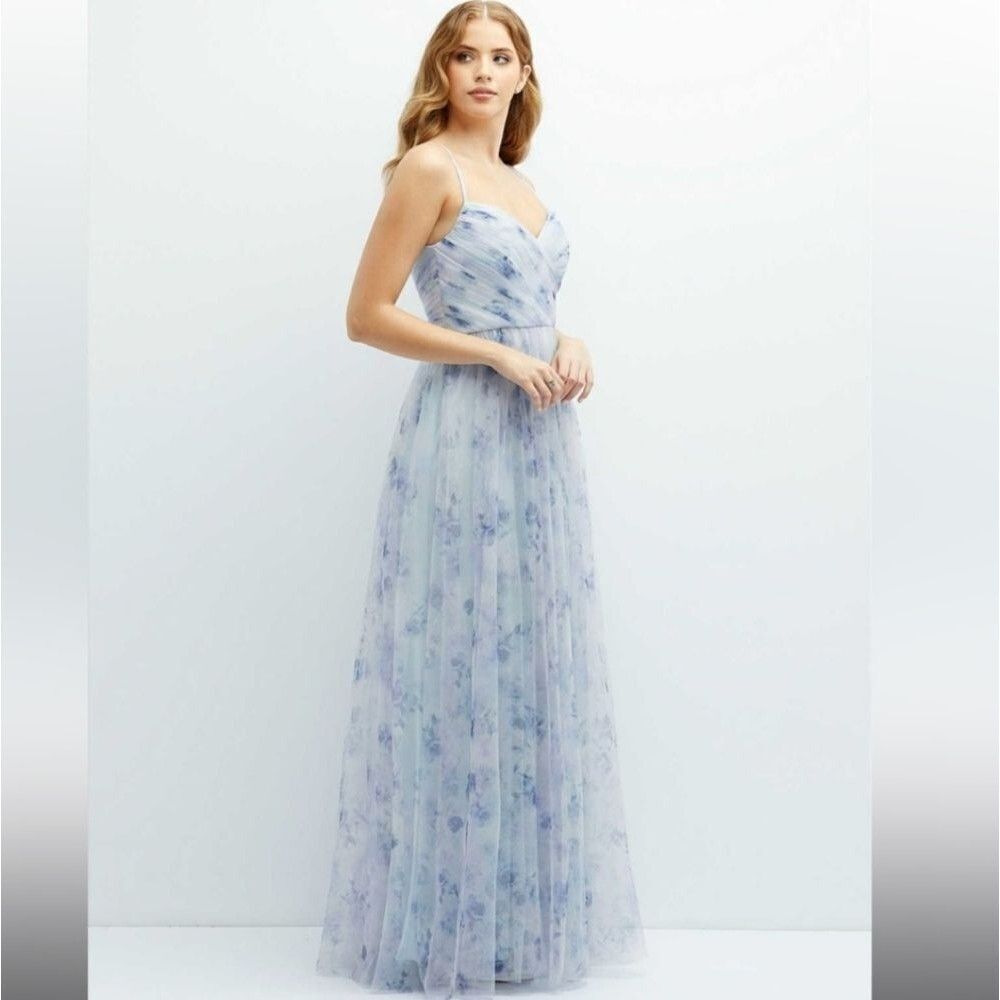 NWT Dessy Collection Tulle Floral Print Gown Maxi Dress Blue Mist Garden Size 18 - Picture 12 of 12